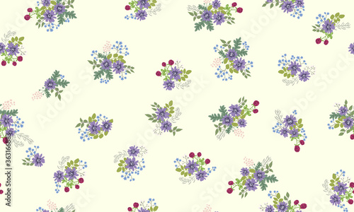 Seamless folk pattern in small wild flowers. Country style millefleurs. Floral meadow background for textile, wallpaper, pattern fills, covers, surface, print, gift wrap, scrapbooking, decoupage.