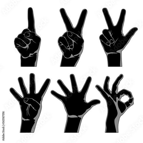 Black silhouettes of hands showing one, two, three, four and five fingers and folded ringlet isolated on white