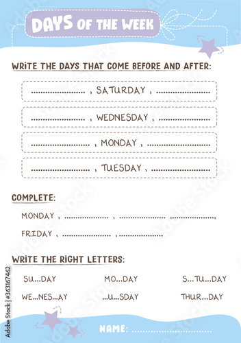 Complete/ Days of the week Exercises / Days of the week English kindergarten sheet 