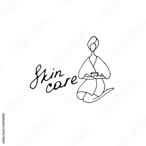 Skin care concept. Young woman in SPA, in bathroom doing cosmetic procedures. Hand drawn doodle vector illustration