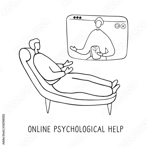 Man lies on couch and pours out his soul to psychologist through video communication. Online psychotherapy practice. Remote psychological help, psychiatrist consulting patient. Mental health care