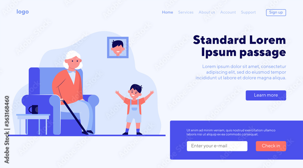 Grandma sitting in armchair and little grandson smiling. Kid, boy, generation flat vector illustration. Family and parenting concept for banner, website design or landing web page Grandma sitting in armchair and little grandson smiling. Kid, boy, generation flat vector illustration. Family and parenting concept for banner, website design or landing web page