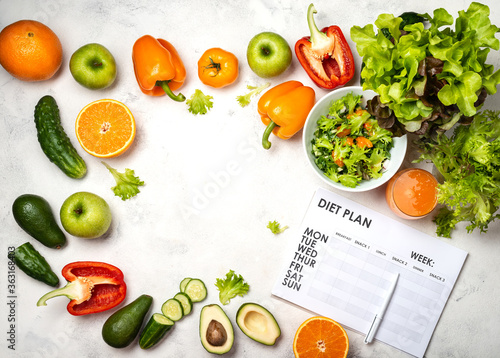 Weight loss menu. Diet plan, vegetables, salad, juice. Top view.