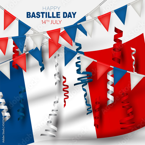 Bastille Day. July 14th France national holiday celebration banner or flyer decor. Blue, white, and red french flag and bunting. Vector illustration with lettering.