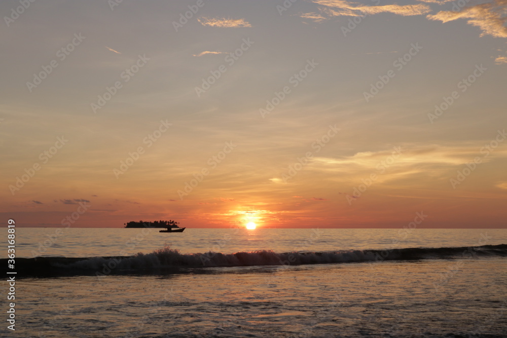 Island, boat, wave and Sunset
