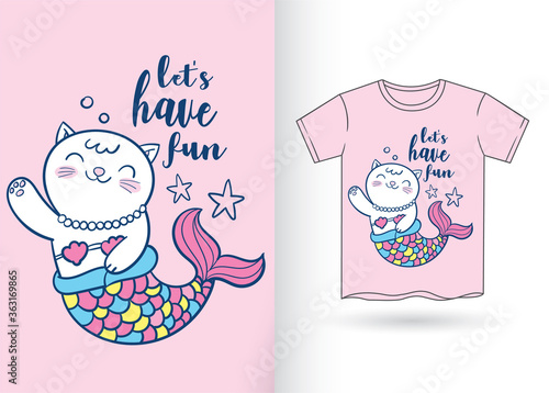 Cute cartoon cat mermaid for t shirt
