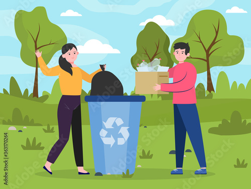 People placing reusable waste into dumpster. Men and woman with plastic garbage at dustbin flat vector illustration. Recycling, trash collection concept for banner, website design or landing web page