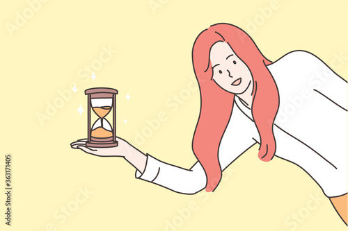 Time management, business concept. Young smiling businesswoman girl clerk manager cartoon character standing with sand glass clock and looking at camera. Work delay or project deadline illustration.