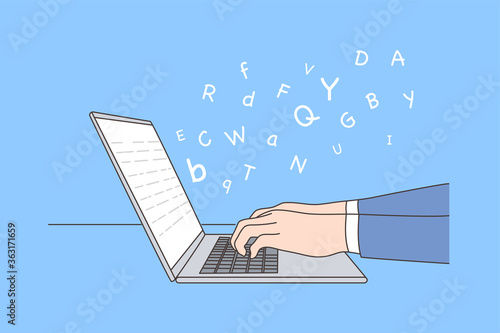 Business, work, education, report, storytelling concept. Human character editor author writer hands typing text narration using laptop. Grammar language learning remotely or sending email illustration