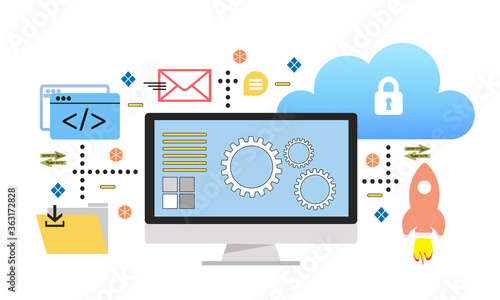 Wallpaper Mural Software development concept. Set of  icons and illustrations representing development process. Code, laptop, cloud, process, workflow icons. Torontodigital.ca