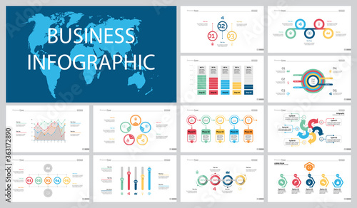 Colorful statistics or finance concept infographic charts set. Business design elements for presentation slide templates. Can be used for financial report, workflow layout and brochure design.