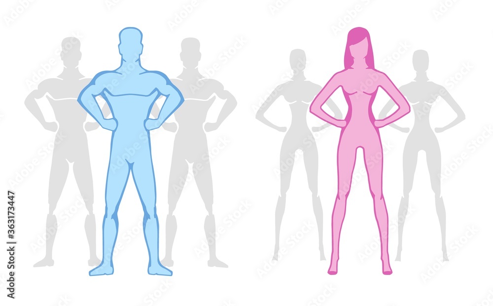 Gender, healthy body and stylized man of a athletic anatomy type of man and woman. Leadership attributes of pink women and blue men in a confident pose white background. Symbol of male and female. Gender, healthy body and stylized man of a athletic anatomy type of man and woman. Leadership attributes of pink women and blue men in a confident pose white background. Symbol of male and female.