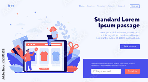 Happy people buying clothes online. T-shirt, percent, customer flat vector illustration. E-commerce and digital technology concept for banner, website design or landing web page