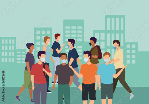 group of interracial men wearing medical masks on the city