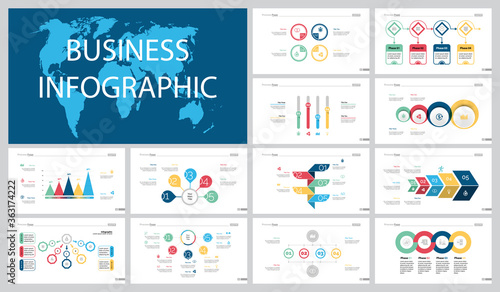 Colorful planning or teamwork concept infographic charts set. Business design elements for presentation slide templates. For corporate report, advertising, leaflet layout and poster design.