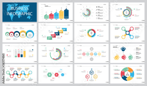 Colorful economics or production concept infographic charts set. Business design elements for presentation slide templates. For corporate report, advertising, leaflet layout and poster design.