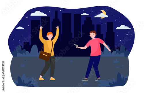 Criminal armed attack. Street robber threatening man with gun flat vector illustration. Robbery, violence, gangster concept for banner, website design or landing web page