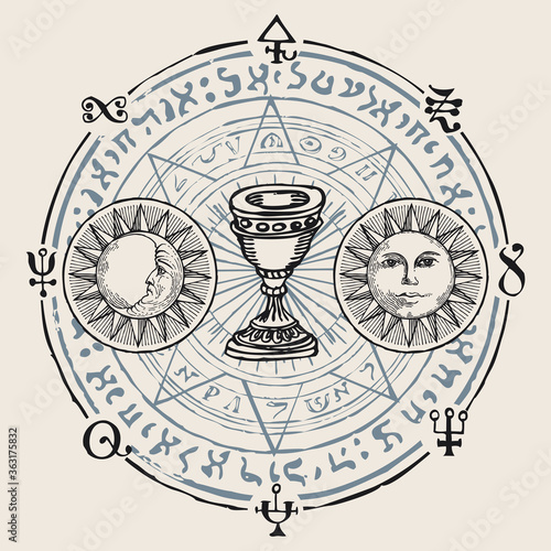 Holy Grail with the Sun, Moon, alchemical and Masonic symbols in retro style. Vector hand-drawn banner on the theme of mysticism, magic, religion with esoteric and magical signs written in a circle