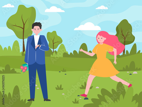 Running girl late for date. Guy waiting for girlfriend outdoors, checking watch flat vector illustration. Time management, relationship concept for banner, website design or landing web page