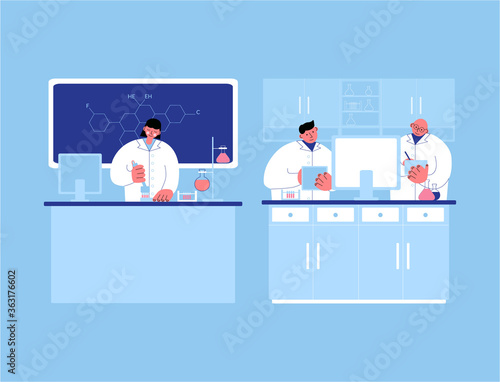 Scientists working in a lab vector concept illustration. Biochemistry experiments, Vaccine and drug treatment development, clinical research vector illustration for web and app