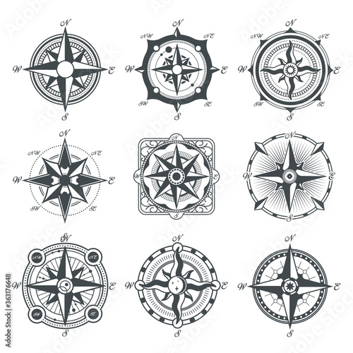 Different vintage compasses set. Retro marine wind measure and windrose icon vector illustration collection. Navigation, direction and travelling concept