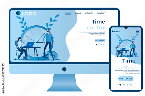 Time control.Time-management.Planning and solving tasks.People at the Desk .Site template, landing page concept.The adaptive design.The screen of the smartphone and the computer.Vector illustration.