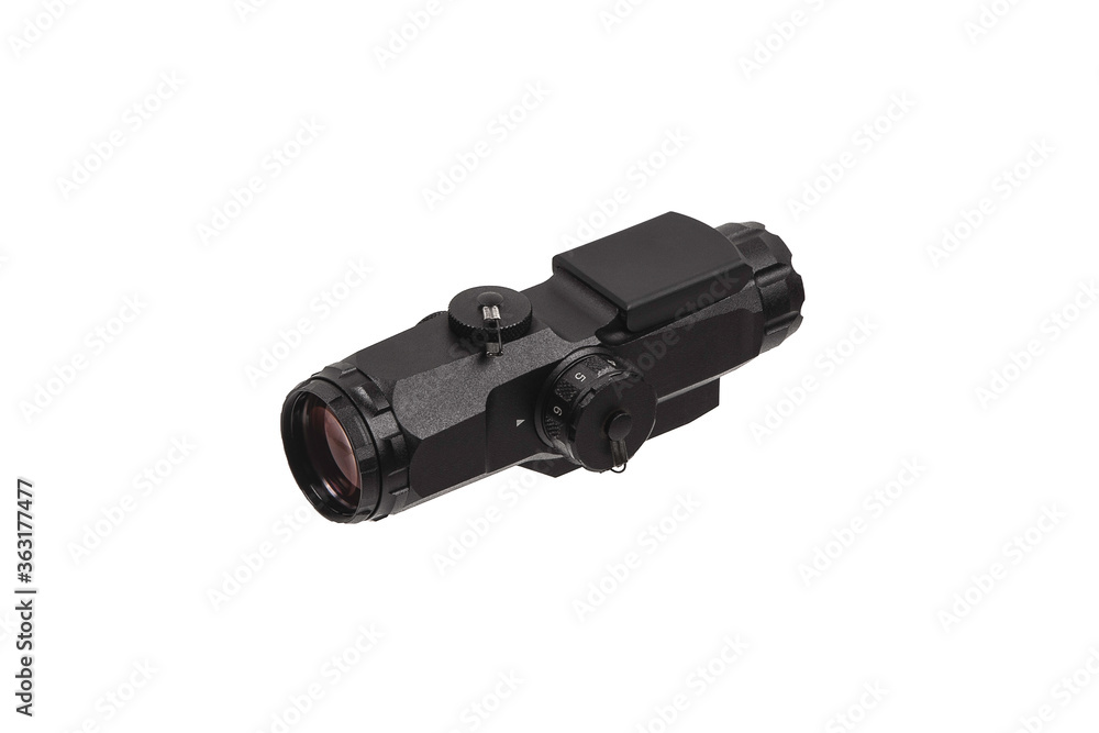 modern black optical scope for weapon isolated on whited. sight scope isolated on white back. modern black optical scope for weapon isolated on whited. sight scope isolated on white back.