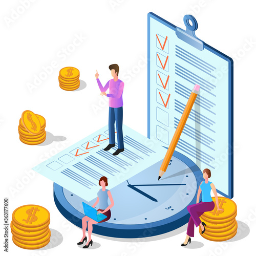 Isometric image of the people engaged in clerical work.Time-management.Teamwork and time control.People, watches, and papers.The concept of corporate communication.