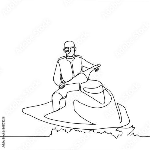 beach lifeguard on a boat. One continuous line art male in a life jacket. Vector illustration can be used for animation.