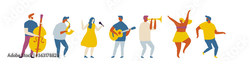 Street musicians flat vector. Dancing happy people.