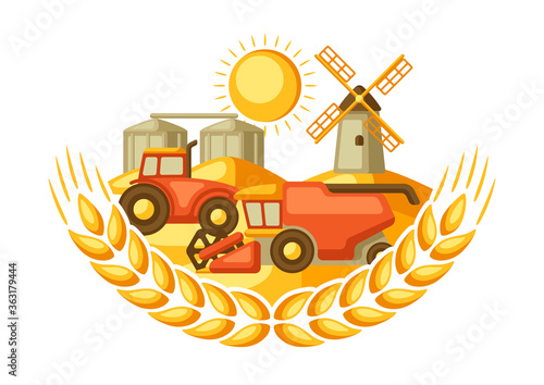 Harvesting background. Combine harvester, tractor and granary on wheat field.