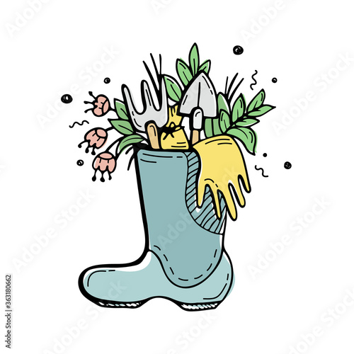 Plants and flowers, gardening tools in a rubber boot. Hand-drawn doodles.