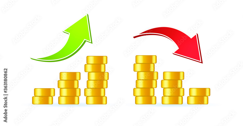Realistic Cute Growth and Decrease Graph with Stacks Icon on White Background . Isolated Vector Illustration Realistic Cute Growth and Decrease Graph with Stacks Icon on White Background . Isolated Vector Illustration