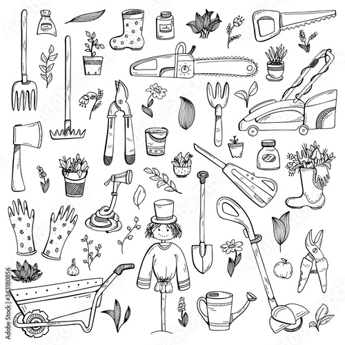 A set of hand-drawn doodles about a country house, garden equipment, and growing vegetables. Black-and-white