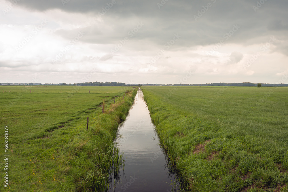 Typical Dutch landscape with a straight ditch in the polder