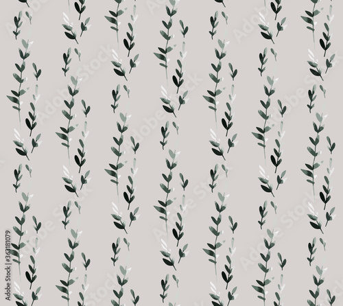 Fototapeta Naklejka Na Ścianę i Meble -  Seamless pattern. Watercolor botanical flowers, green leaves, branches. Vintage design for logo, wedding invitations, postcards, stickers, textile. Beige isolated background. Paper texture.