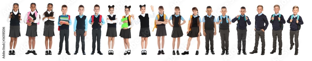 Children in school uniforms on white background. Banner design Children in school uniforms on white background. Banner design