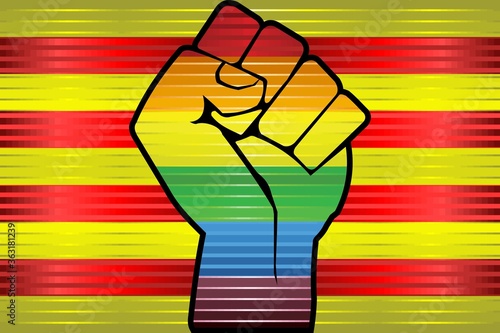 Shiny LGBT Protest Fist on a Catalonia Flag - Illustration, 
Abstract grunge Catalonia Flag and LGBT flag