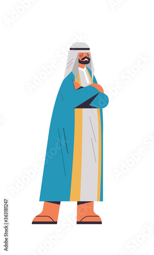arabic man in traditional clothes arab businessman with folded hands standing pose male cartoon character full length isolated vertical vector illustration