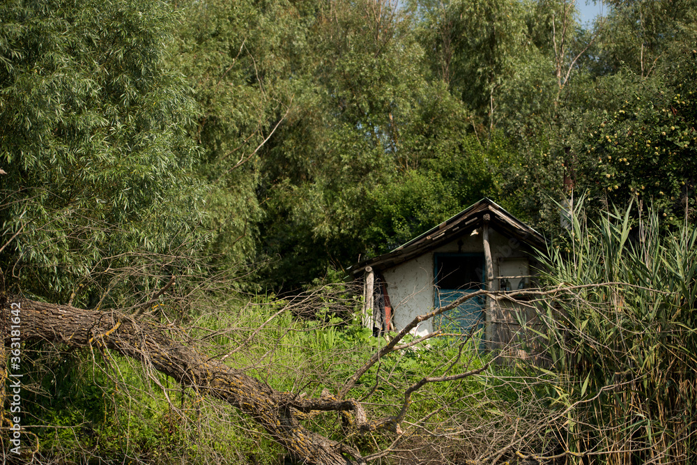 Old wooden house on a channel in Danube Delta, Romania, in a sunny summer day Old wooden house on a channel in Danube Delta, Romania, in a sunny summer day
