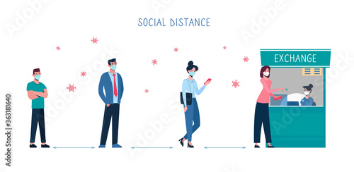 Vector People keep their distance when they stand in line at the currency exchange office. Social safe distance between people so as not to spread coronavirus COVID-19. Men, women change money, flat
