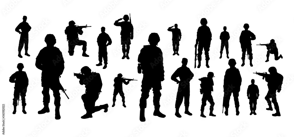 Collage with silhouettes of military soldiers on white background, banner. Military service