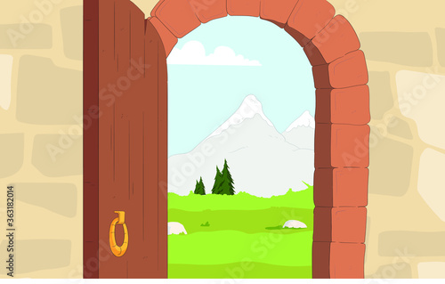 In this vector graphics is a room with a wooden door open in the background is a mountain and a field