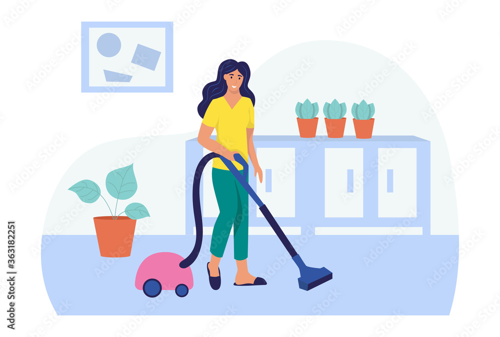 A young woman vacuums the house. The concept of daily life, everyday leisure and work activities. Flat cartoon vector illustration. A young woman vacuums the house. The concept of daily life, everyday leisure and work activities. Flat cartoon vector illustration.