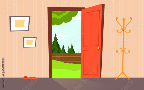 In this vector graphic is a room with the door open in the room next to the door sits a pair of shoes a hanger on the wall are paintings on the background is the wooden fence and fir trees,vector.