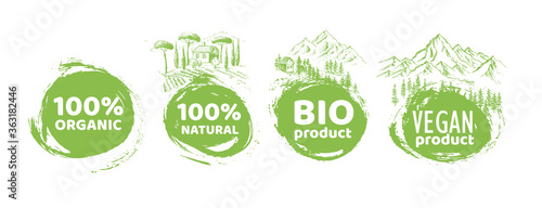 Organic food labels. Vegetarian eco green concept. Hand drawn illustrations.