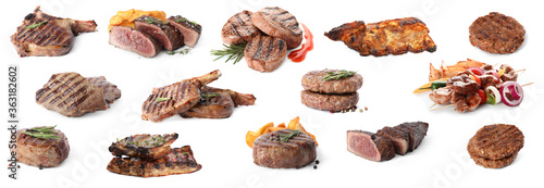 Set with different delicious grilled meat on white background, banner design