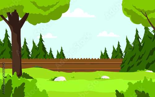 In this vector graphics is a fence with wooden fence wherever there are trees vector cartoon.