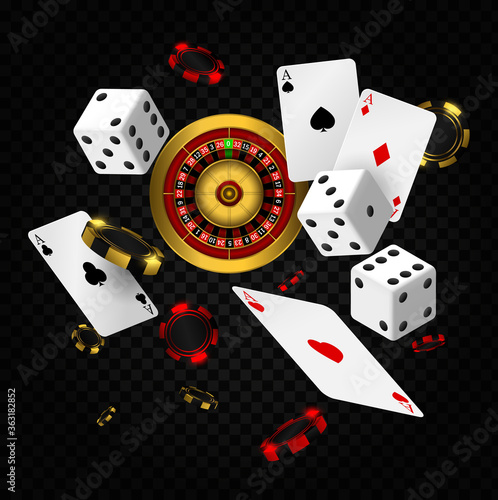 Casino elements vector falling. Casino roulette with chips, red dice realistic gambling poster banner. Playing cards and poker chips fly casino