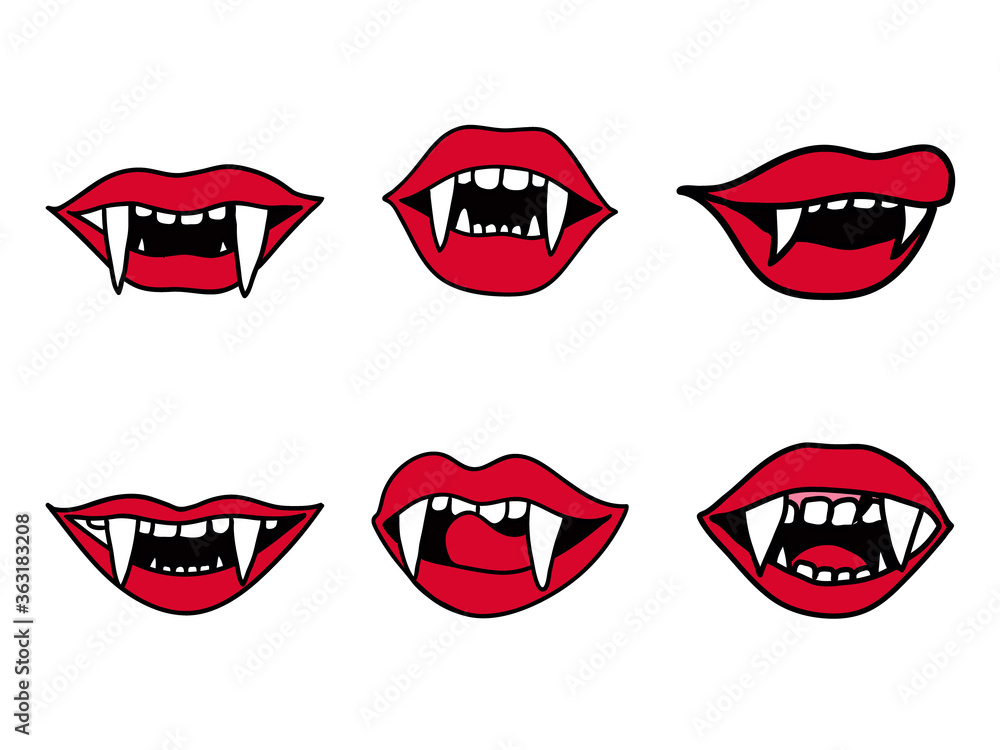 Set of vampire fangs for Halloween. Woman red lips vector illustration. Scary Dracula teeth stickers. Set of vampire fangs for Halloween. Woman red lips vector illustration. Scary Dracula teeth stickers.